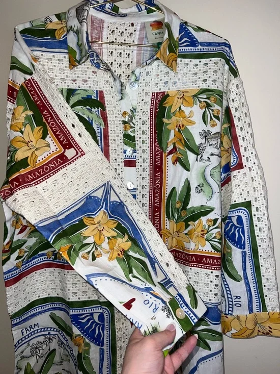 Farm Rio Tropical Destination Crochet Shirt Off White Medium NWT $248 - Picture 5 of 16